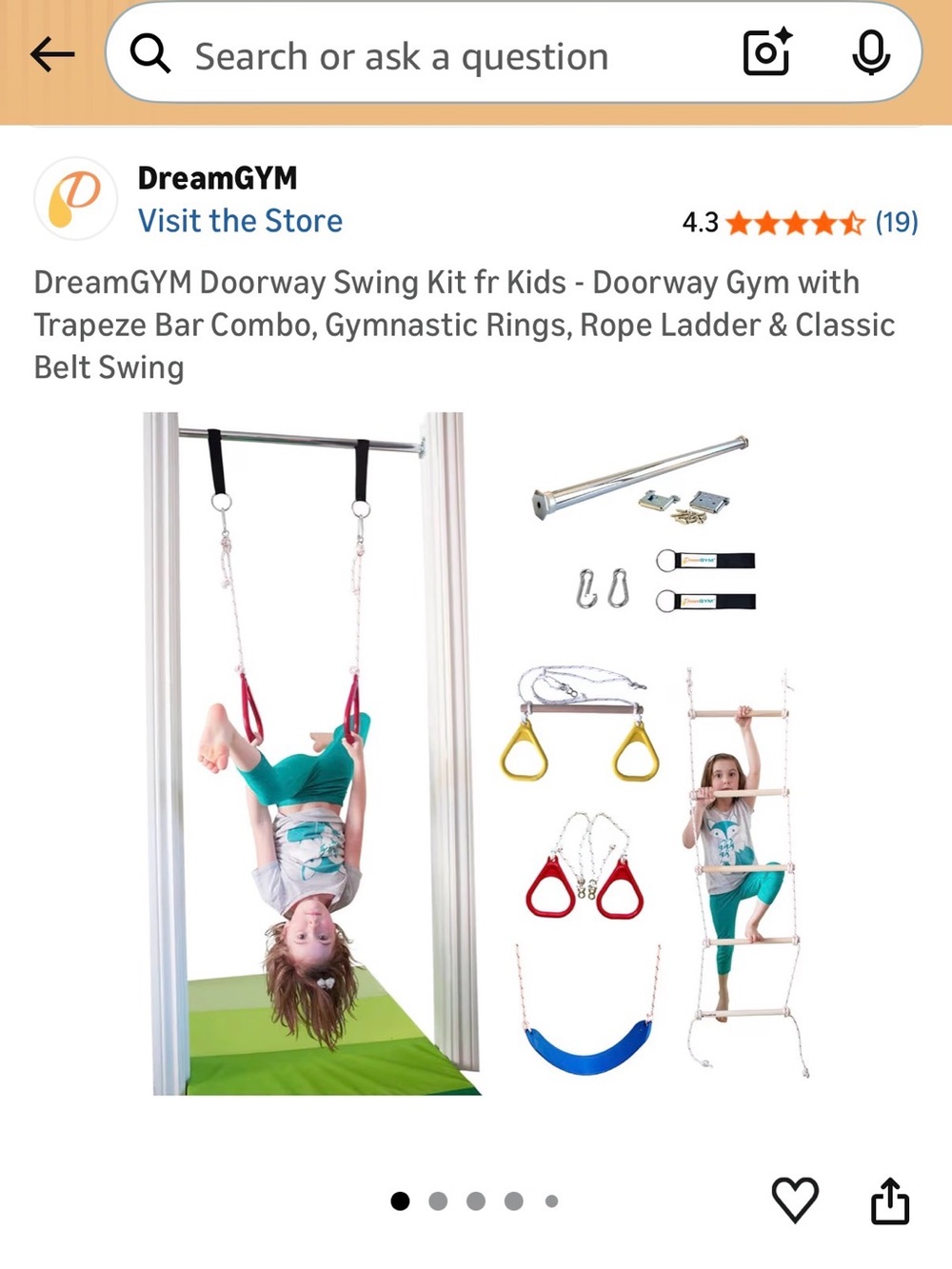 DreamGYM Kids Doorway Swing Kit with Trapeze, Rings, Rope Ladder, Swing.